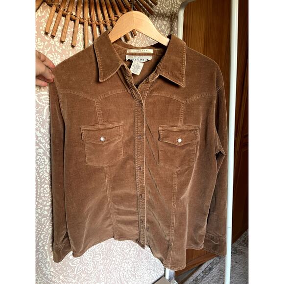 Jones Wear Tops - Vintage 90s Jones Wear Brown Retro Corduroy Button Up Jacket Blouse